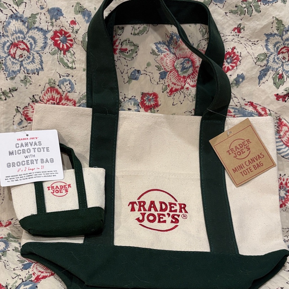 Trader Joe's Hunter Green Mini and Micro Tote Bag set.